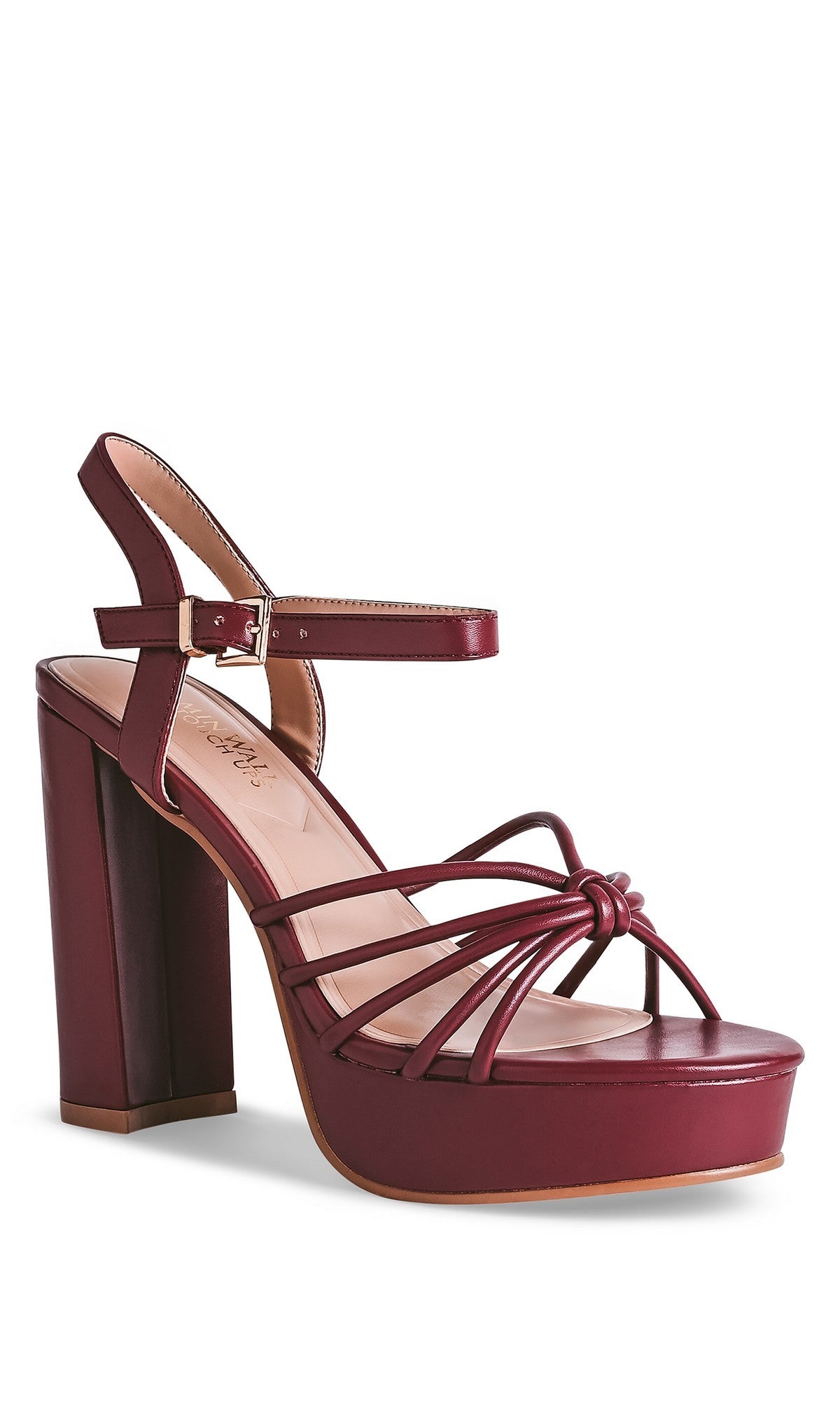 The Tiara Dark Red Prom Shoes: Touch Ups 4762 are strappy high heels with an ankle strap, platform sole, open toe, and elegant front knots—perfect for making a stylish statement at your next event.